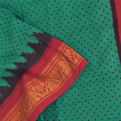 Sanskriti Vintage Sarees Green/Red ZarI Woven Print Pure Cotton Sari 5yd Fabric