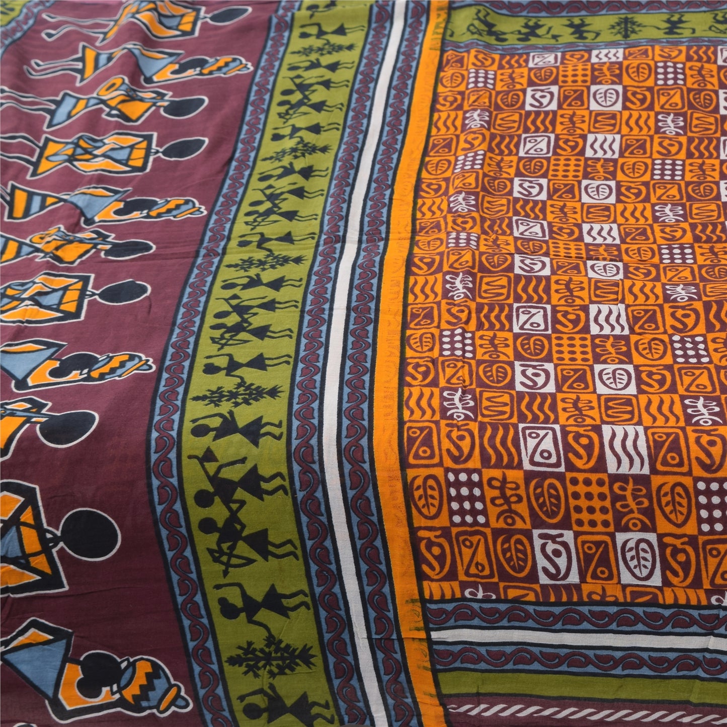 Sanskriti Vintage Sarees Orange Warli Art Printed Pure Cotton Sari 5+yd Fabric