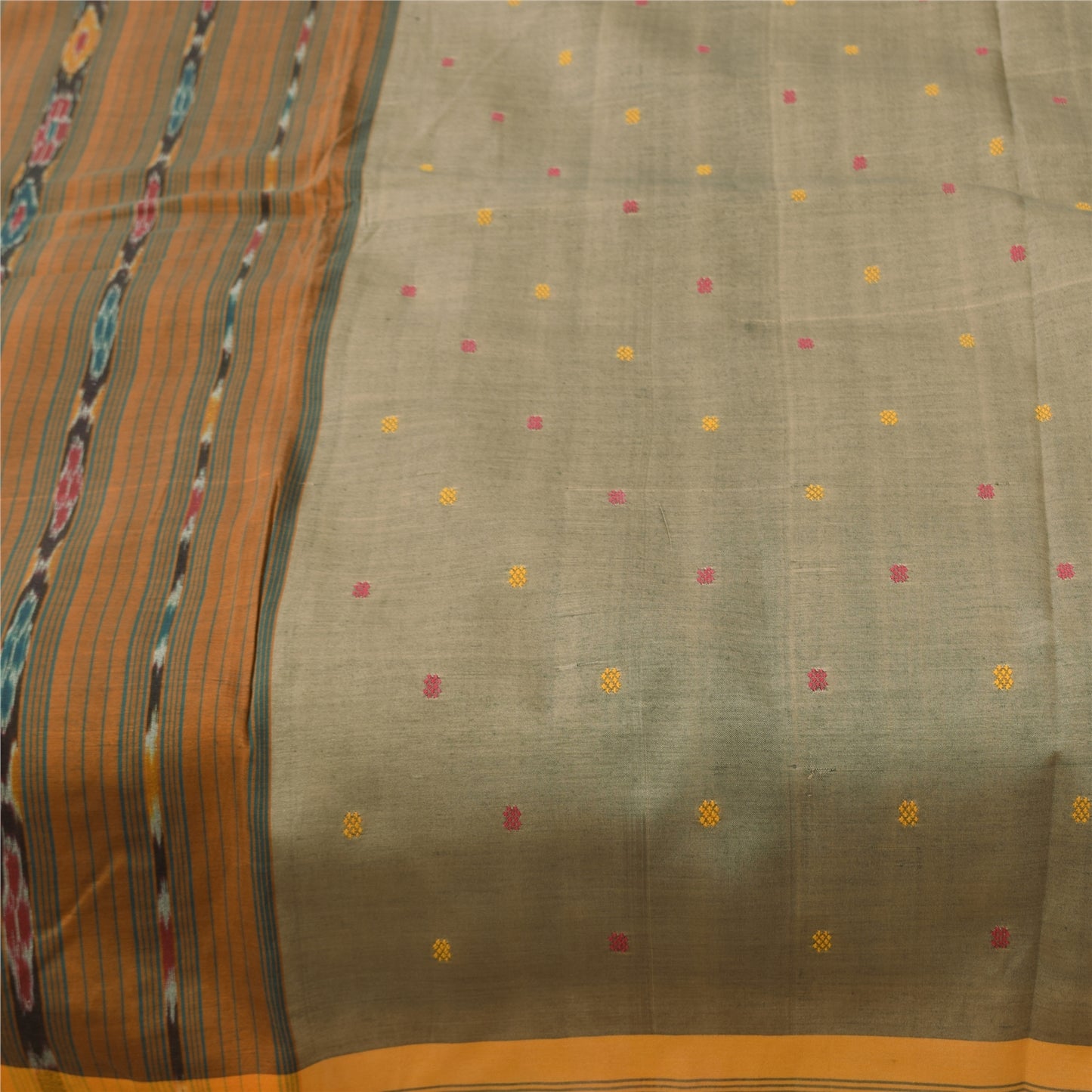 Sanskriti Vintage Sarees Gray Ikat Handwoven Odisha Pure Cotton Sari 5+yd Fabric