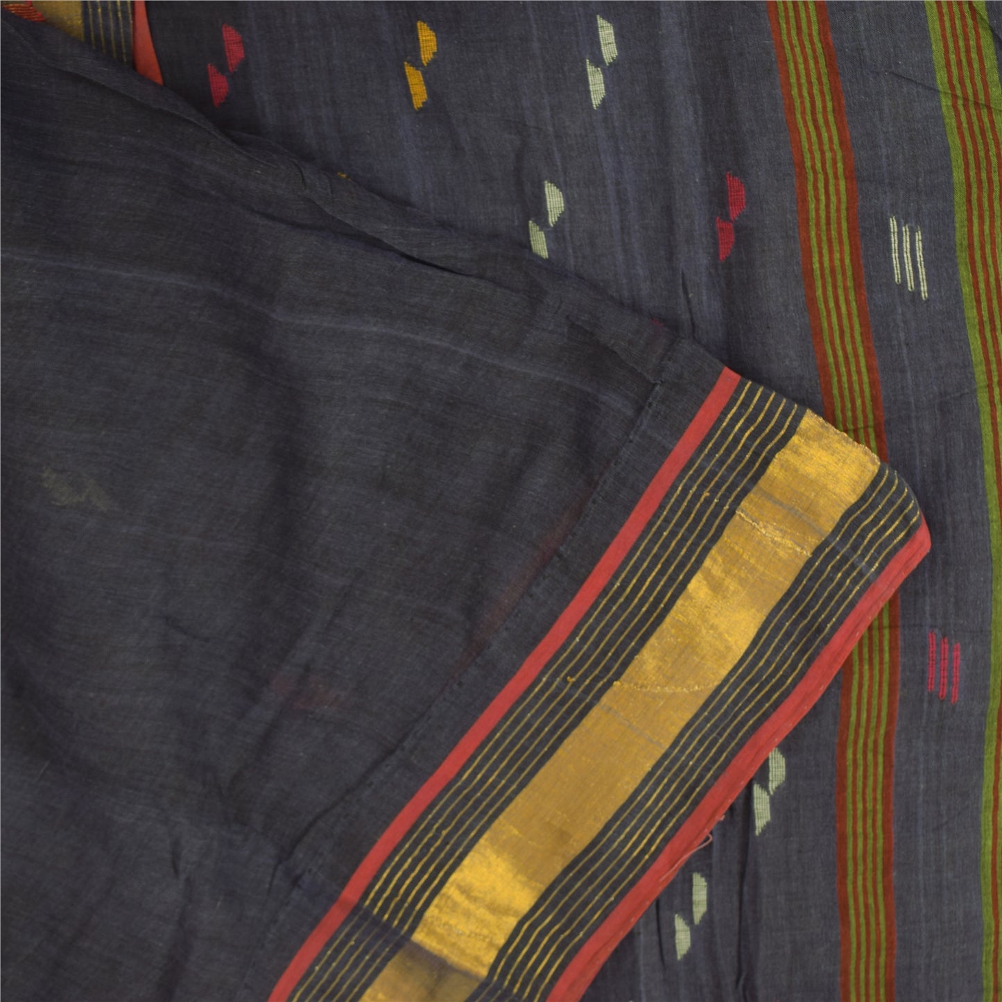 Sanskriti Vintage Sarees Black Tant Hand Woven 100% Pure Cotton Sari 5+yd Fabric