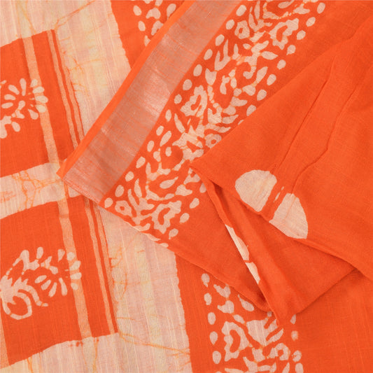 Sanskriti Vintage Sarees Orange Batik Work Pure Cotton Sari 6+yd Craft Fabric