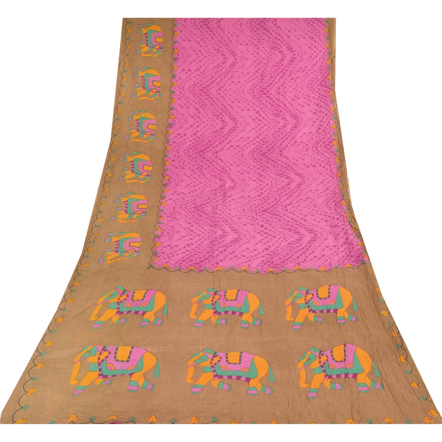 Sanskriti Vintage Sarees Pink/Brown Tie-Dye Printed Pure Cotton Sari 5+yd Fabric