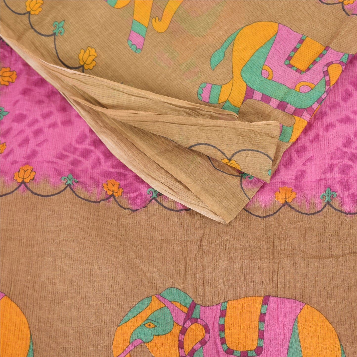 Sanskriti Vintage Sarees Pink/Brown Tie-Dye Printed Pure Cotton Sari 5+yd Fabric