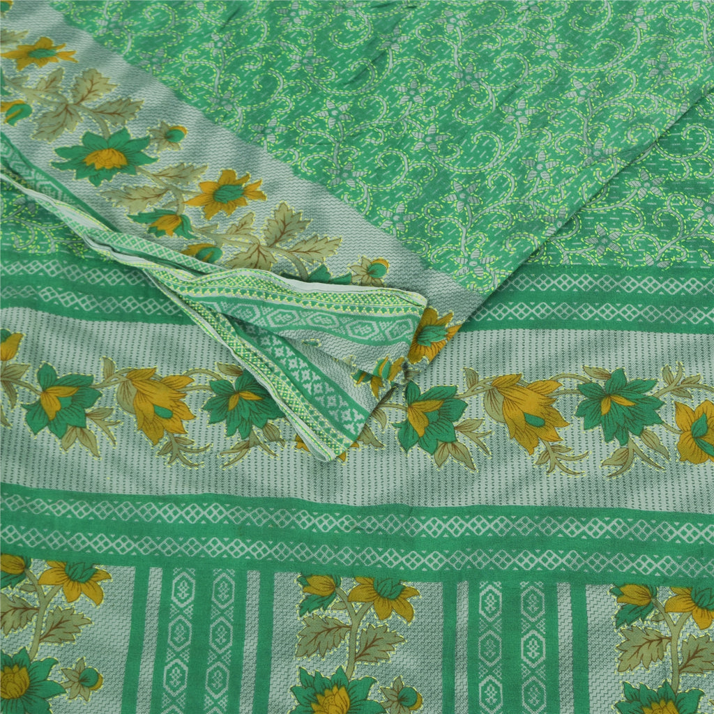 Sanskriti Vintage Sarees Green 100% Pure Cotton Printed Sari 5+yd Craft Fabric