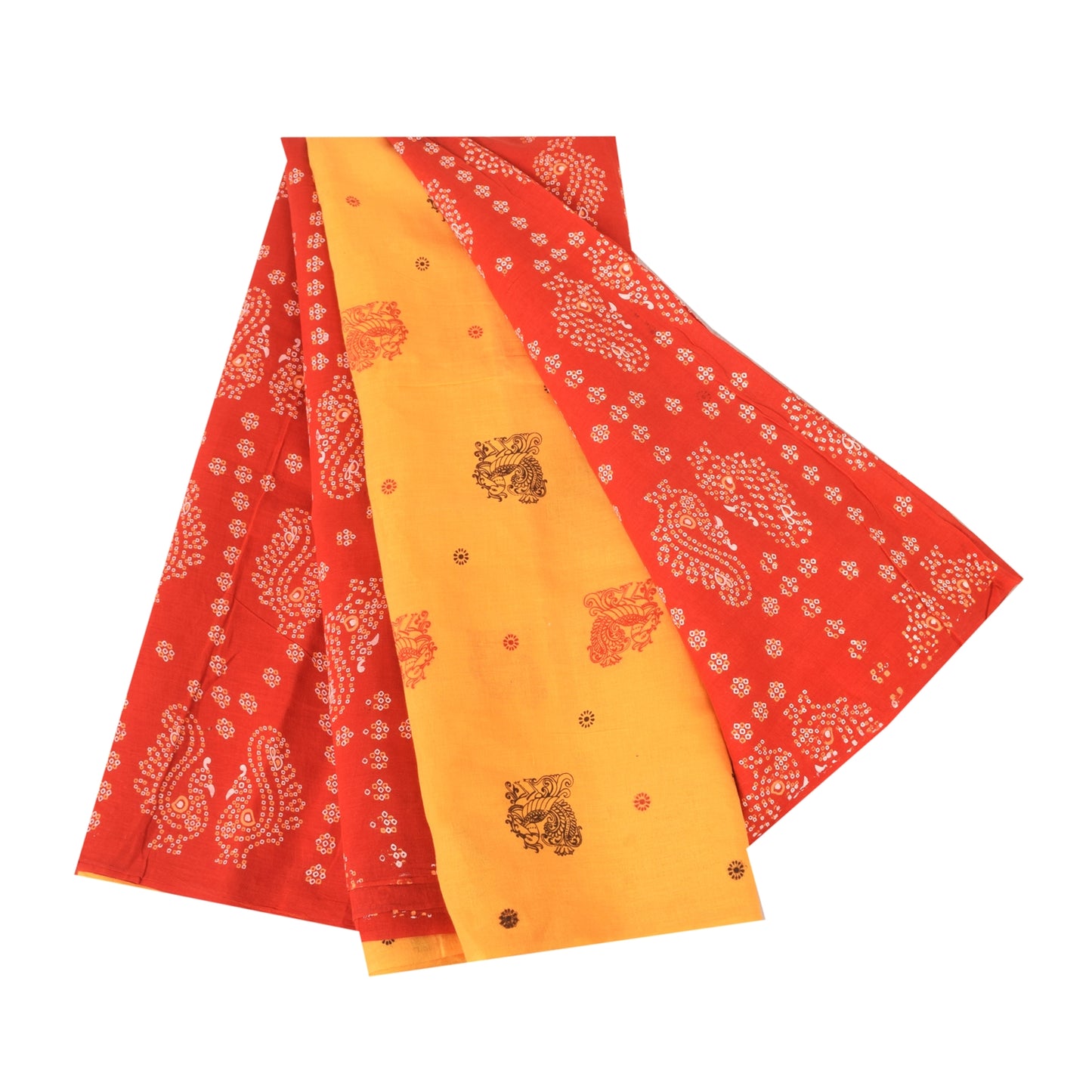 Sanskriti Vintage Sarees Yellow Bandhani Printed Pure Cotton Sari 6+yd Fabric