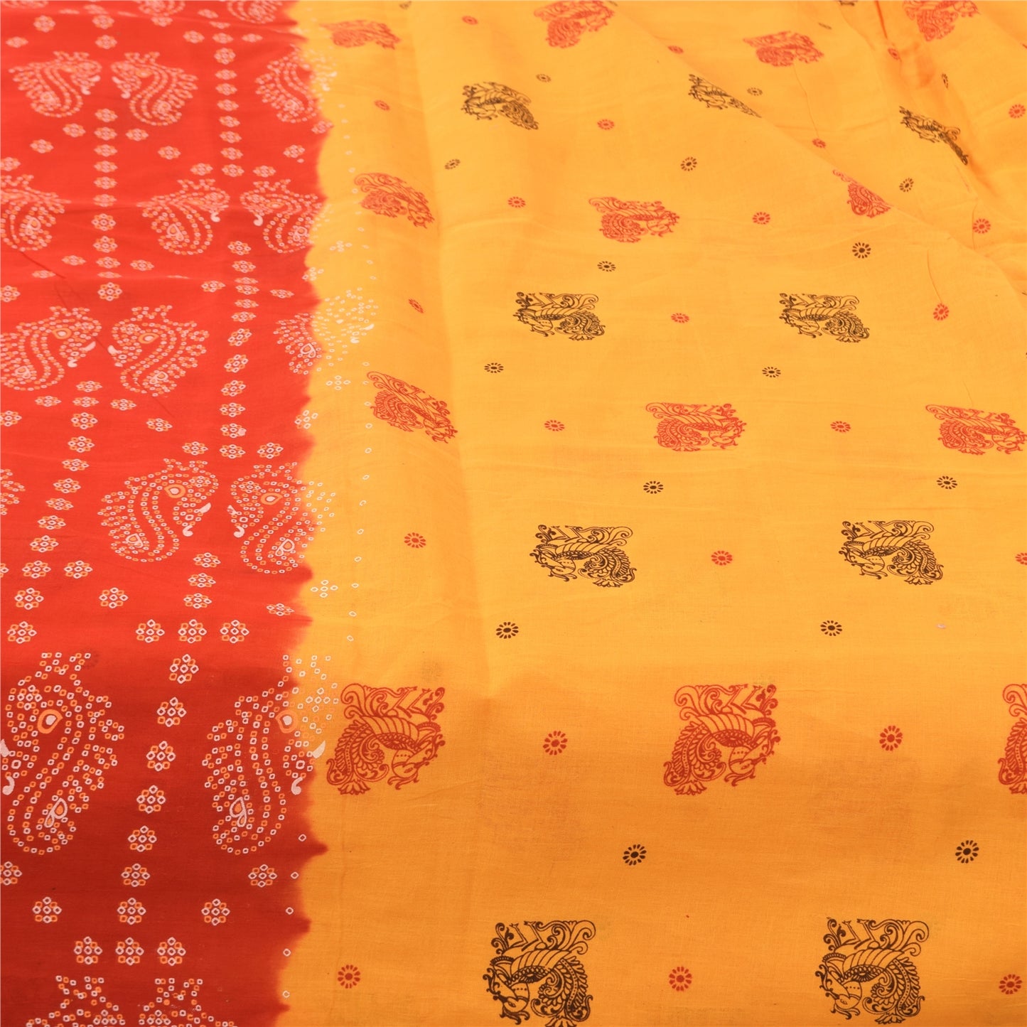 Sanskriti Vintage Sarees Yellow Bandhani Printed Pure Cotton Sari 6+yd Fabric