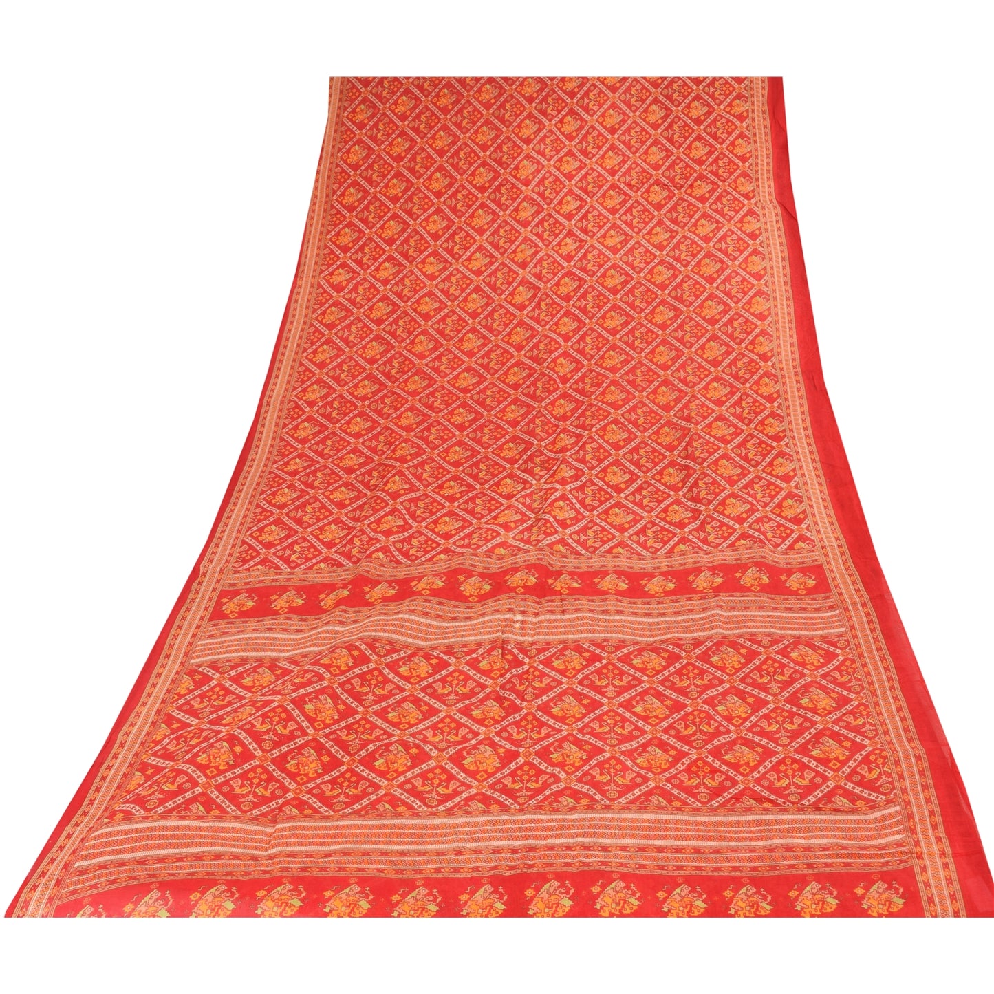 Sanskriti Vintage Sarees Red Patan Patola Pure Cotton Printed Sari 5+yd Fabric