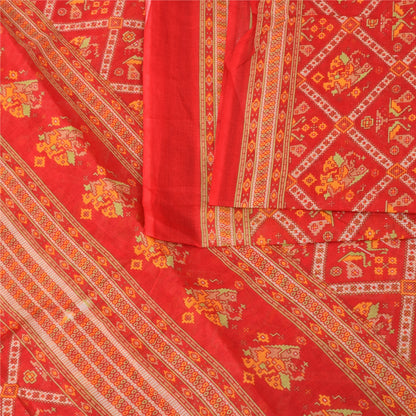 Sanskriti Vintage Sarees Red Patan Patola Pure Cotton Printed Sari 5+yd Fabric