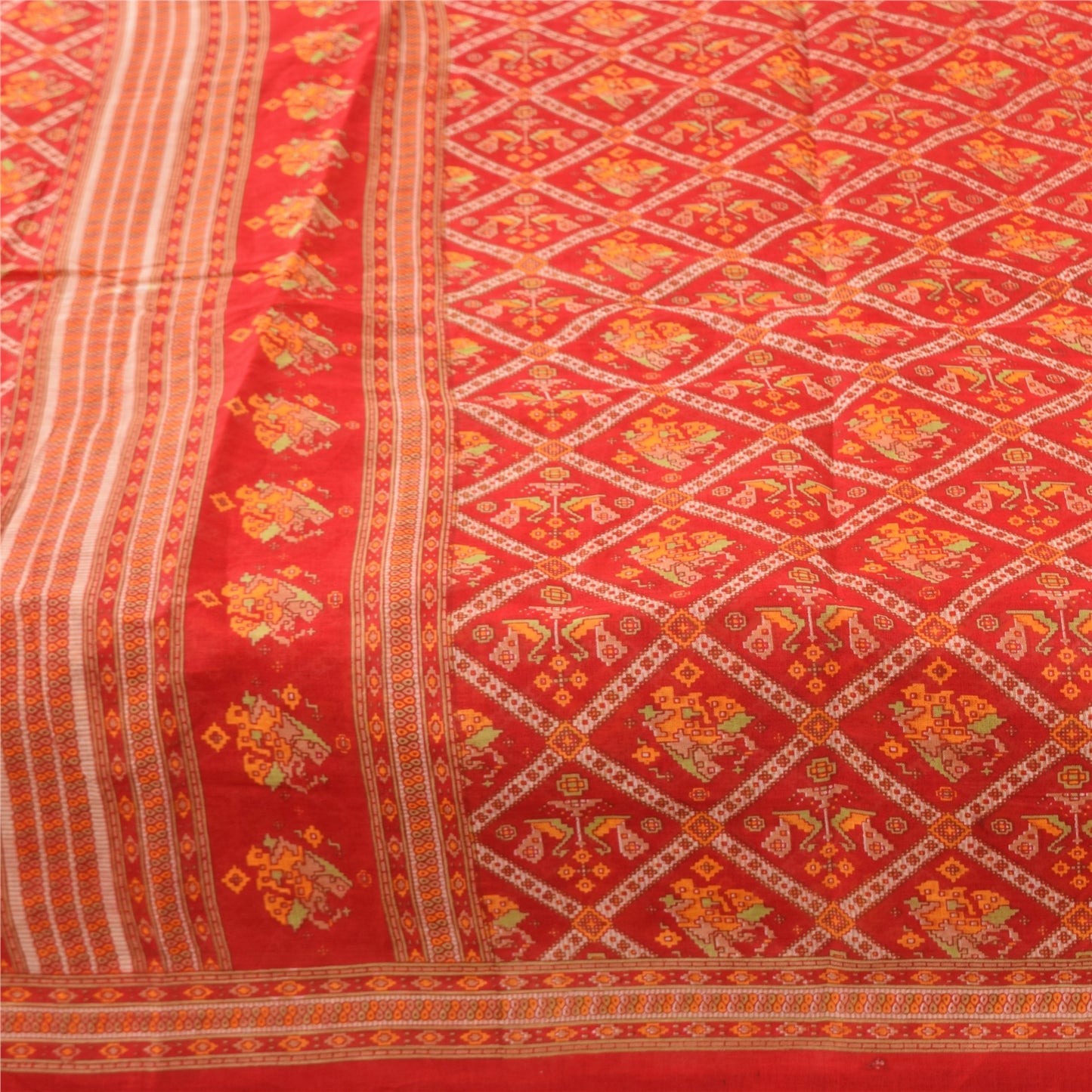 Sanskriti Vintage Sarees Red Patan Patola Pure Cotton Printed Sari 5+yd Fabric