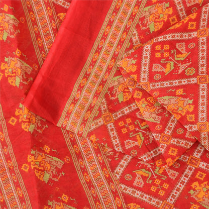 Sanskriti Vintage Sarees Red Patan Patola Pure Cotton Printed Sari 5+yd Fabric