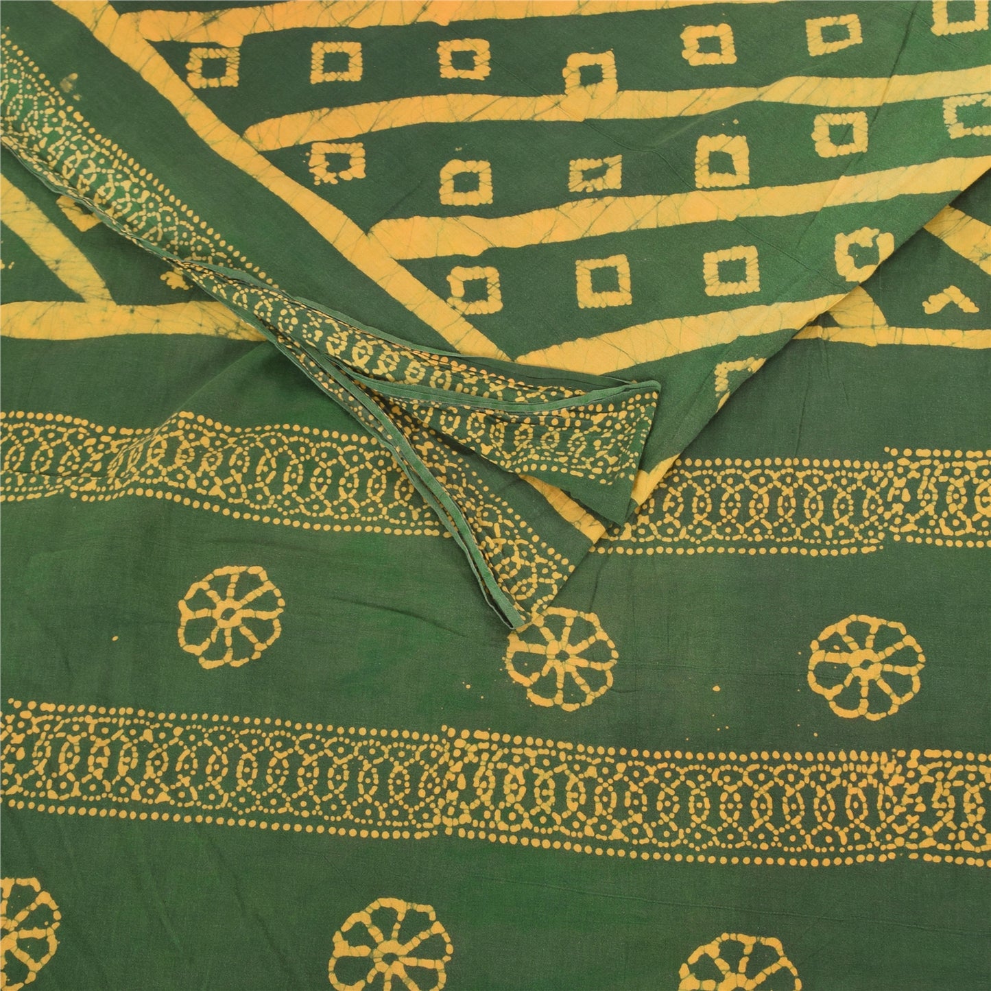 Sanskriti Vintage Sarees Green/Yellow Pure Cotton Batik Work Sari 5+yd Fabric