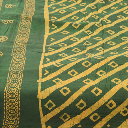 Sanskriti Vintage Sarees Green/Yellow Pure Cotton Batik Work Sari 5+yd Fabric