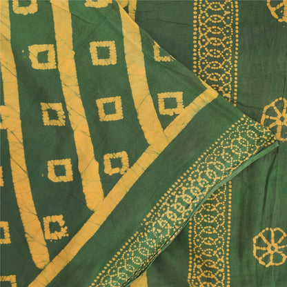 Sanskriti Vintage Sarees Green/Yellow Pure Cotton Batik Work Sari 5+yd Fabric