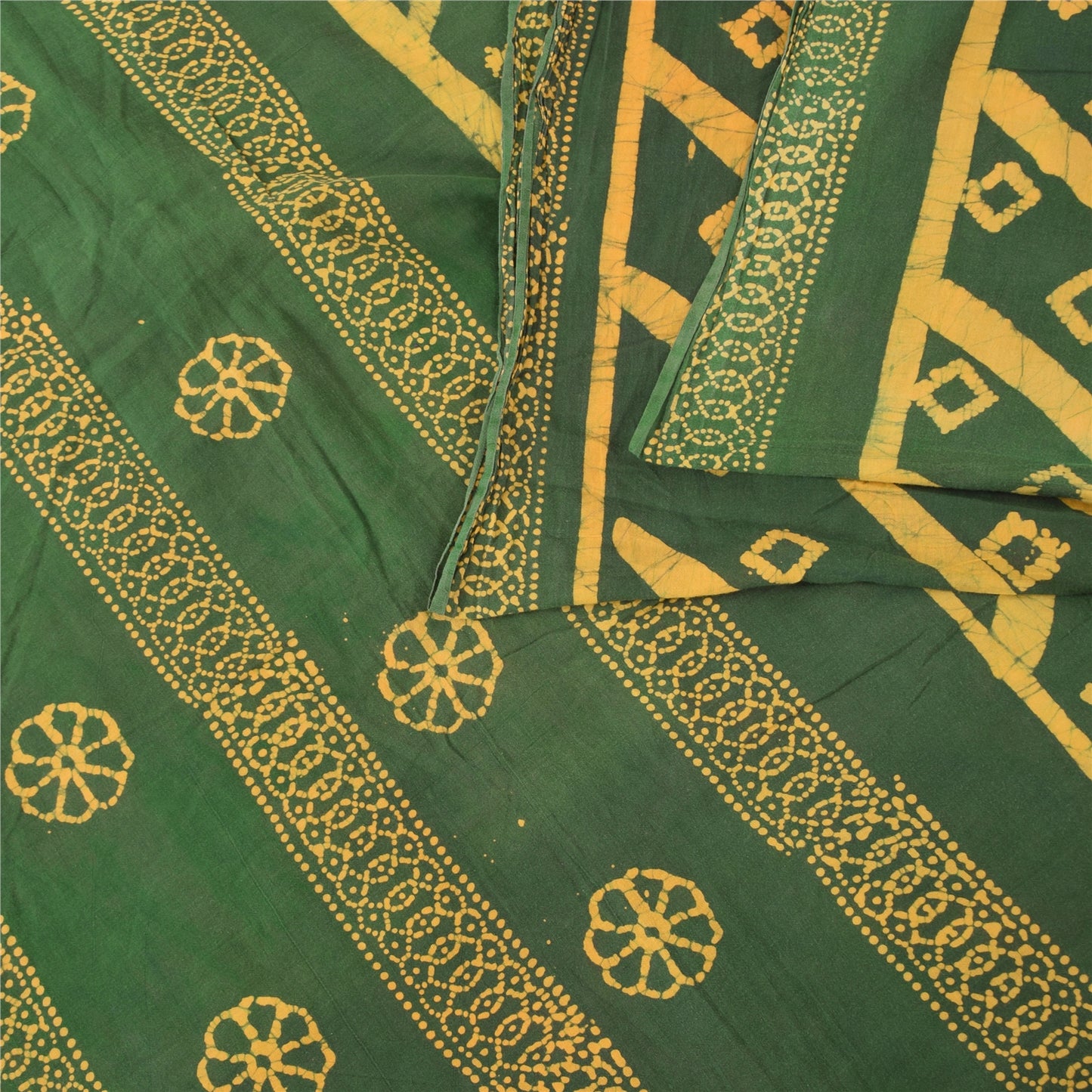 Sanskriti Vintage Sarees Green/Yellow Pure Cotton Batik Work Sari 5+yd Fabric