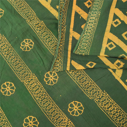 Sanskriti Vintage Sarees Green/Yellow Pure Cotton Batik Work Sari 5+yd Fabric