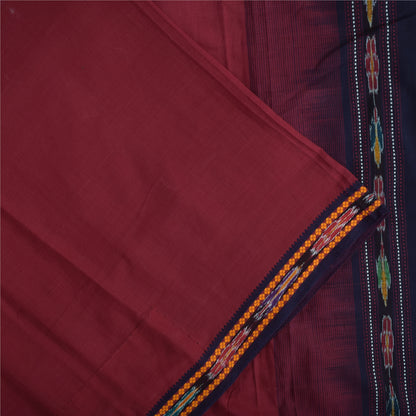 Sanskriti Vintage Sarees Red Ikat Handwoven Odisha Pure Cotton Sari 5+yd Fabric