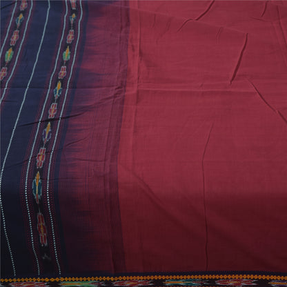 Sanskriti Vintage Sarees Red Ikat Handwoven Odisha Pure Cotton Sari 5+yd Fabric