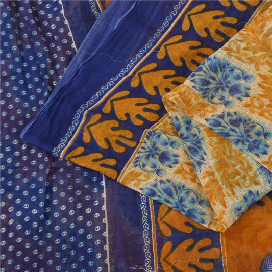 Sanskriti Vintage Sarees Blue/Yellow Pure Cotton Printed Sari 6+yd Craft Fabric