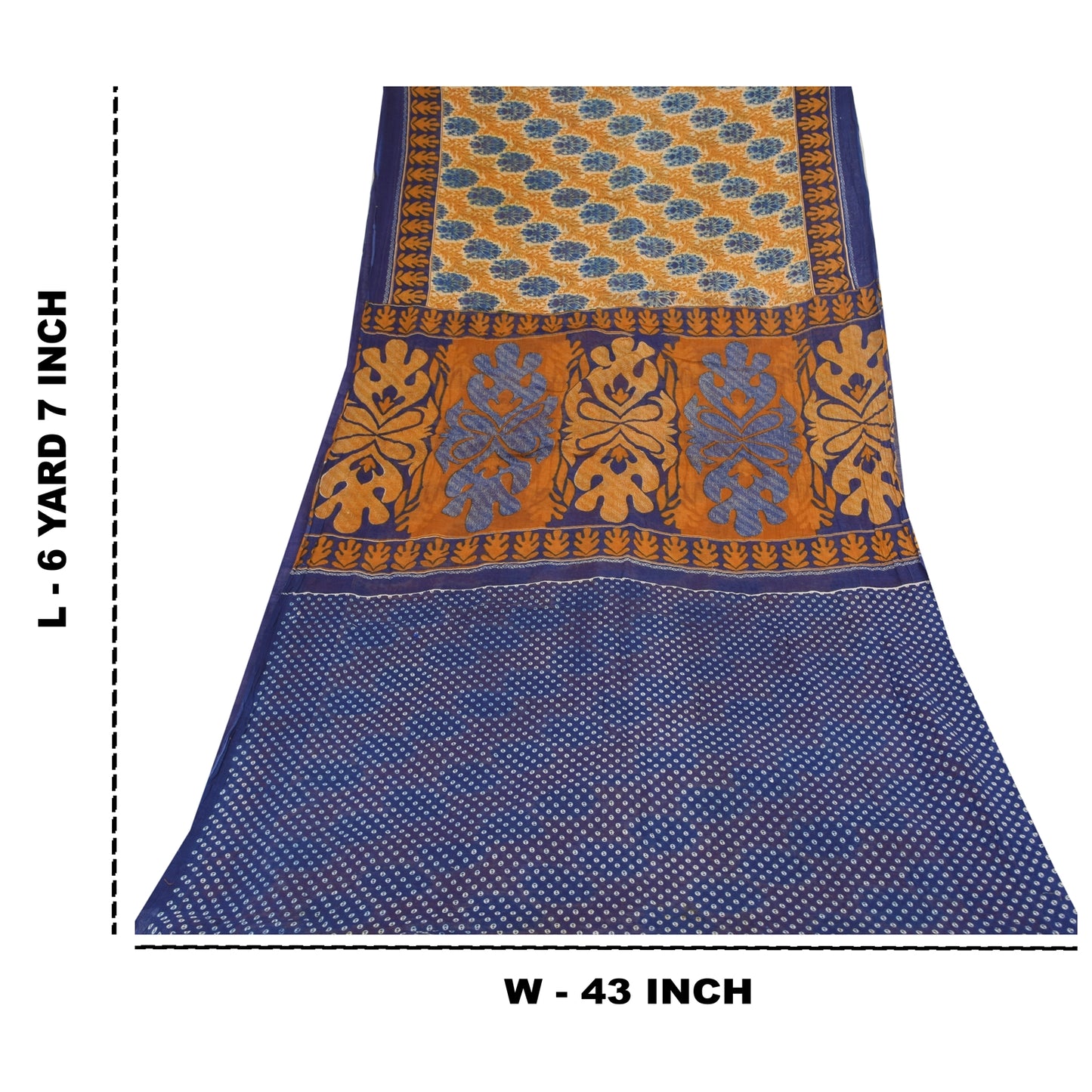 Sanskriti Vintage Sarees Blue/Yellow Pure Cotton Printed Sari 6+yd Craft Fabric