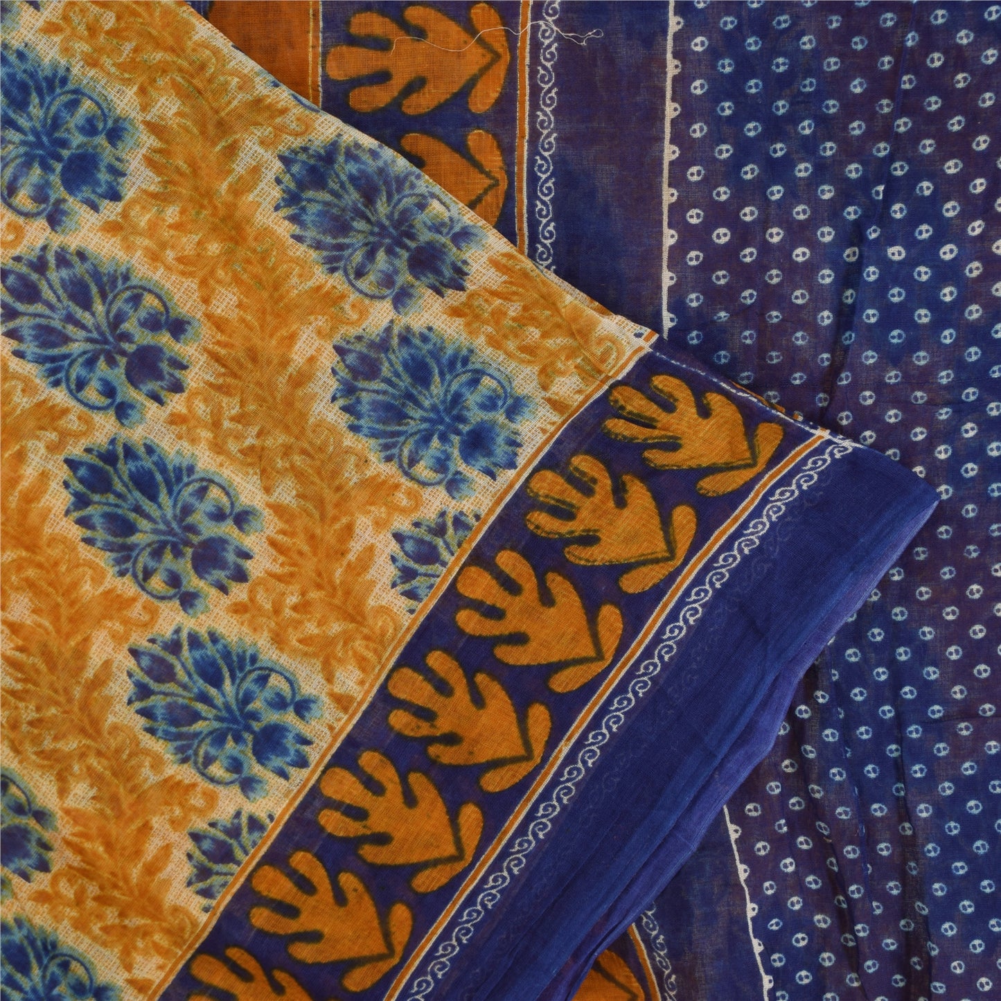 Sanskriti Vintage Sarees Blue/Yellow Pure Cotton Printed Sari 6+yd Craft Fabric