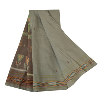 Sanskriti Vintage Sarees Gray Ikat Handwoven Odisha Pure Cotton Sari 5+yd Fabric