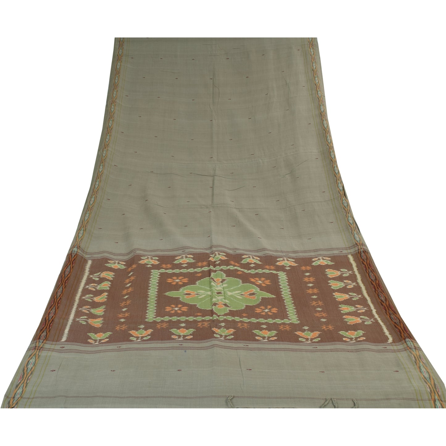 Sanskriti Vintage Sarees Gray Ikat Handwoven Odisha Pure Cotton Sari 5+yd Fabric