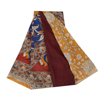 Sanskriti Vintage Sarees Red Kalamkari Handmade Pure Cotton Sari 5+yd Fabric