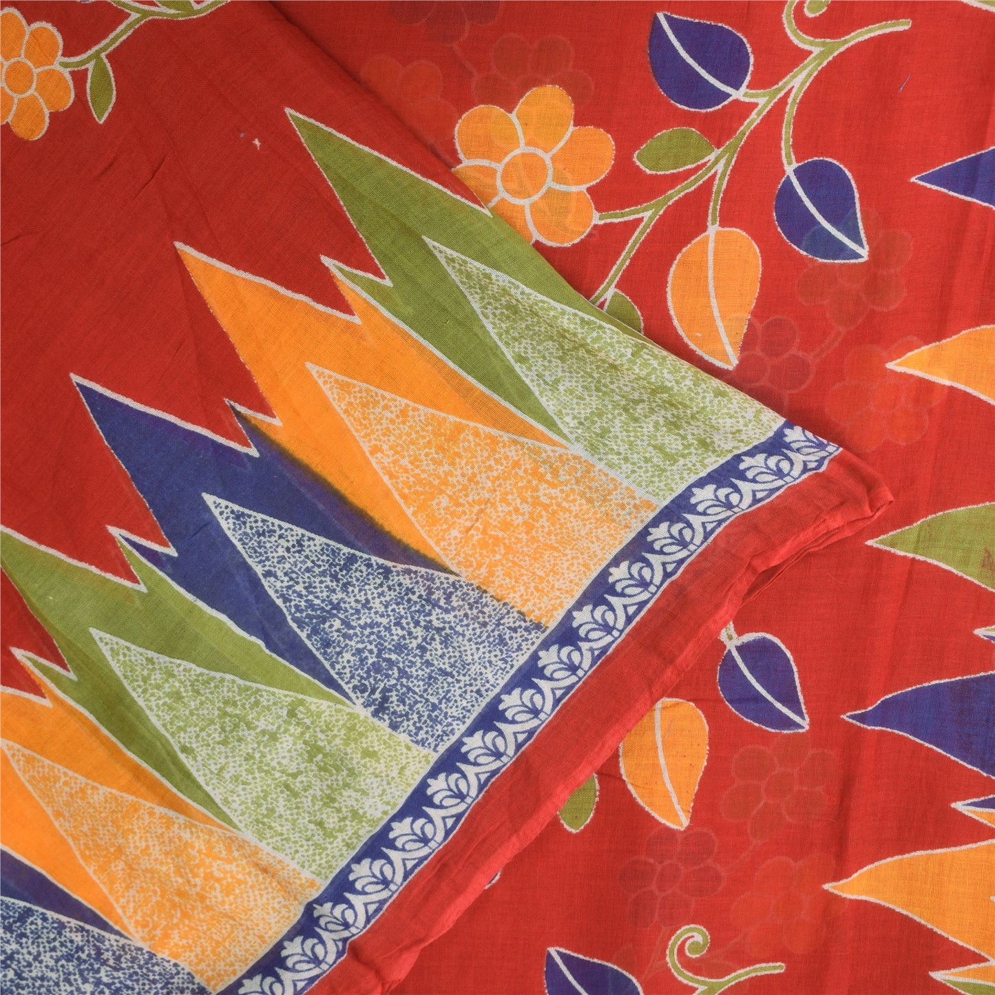 Sanskriti Vintage Sarees Indian Red Pure Cotton Printed Sari 5+yd Craft Fabric