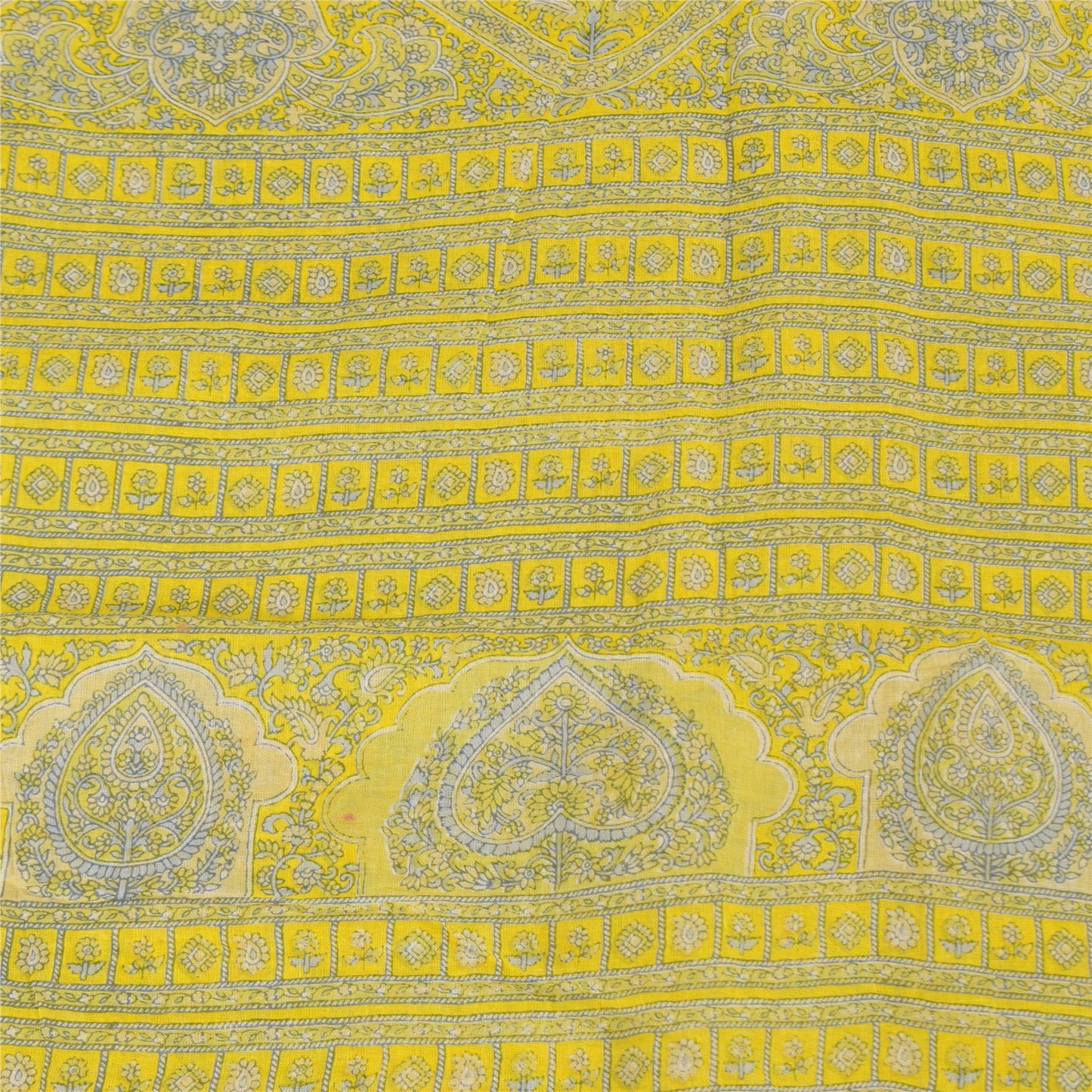 Sanskriti Vintage Sarees Yellow/Blue Pure Cotton Printed Sari 5+yd Craft Fabric