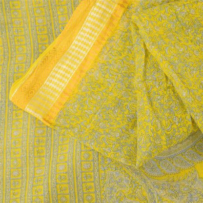 Sanskriti Vintage Sarees Yellow/Blue Pure Cotton Printed Sari 5+yd Craft Fabric