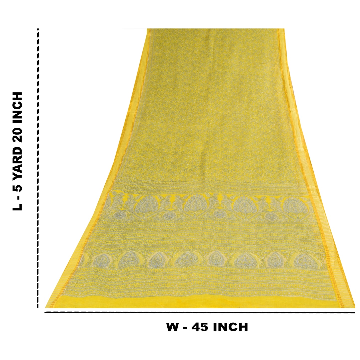 Sanskriti Vintage Sarees Yellow/Blue Pure Cotton Printed Sari 5+yd Craft Fabric