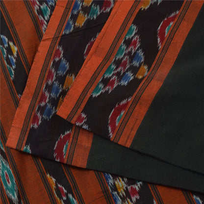 Sanskriti Vintage Sarees BlackIkat Handwoven Odisha Pure Cotton Sari 5+yd Fabric