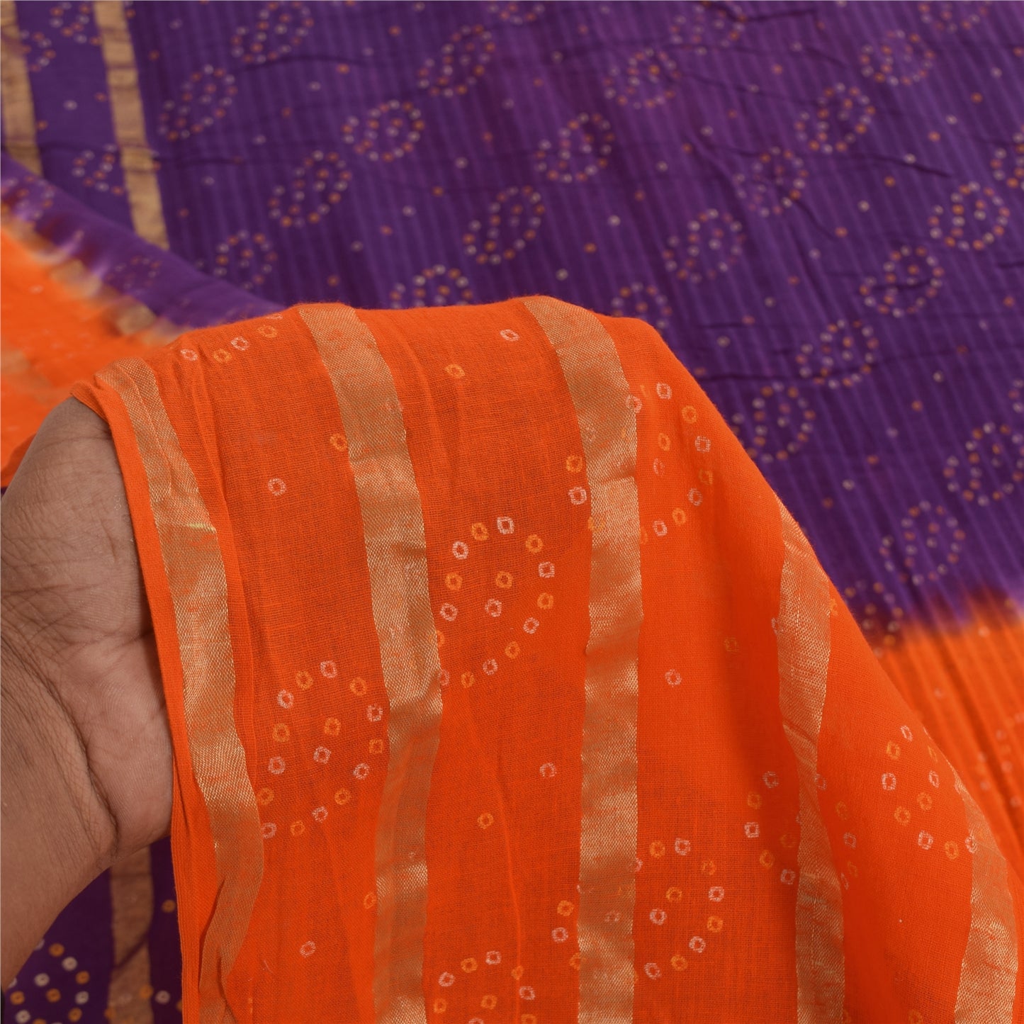 Sanskriti Vintage Sarees Purple/Orange Bandhani Painted Pure Cotton Sari Fabric