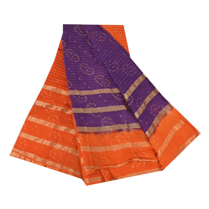 Sanskriti Vintage Sarees Purple/Orange Bandhani Painted Pure Cotton Sari Fabric