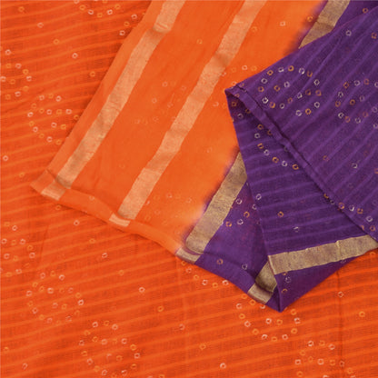 Sanskriti Vintage Sarees Purple/Orange Bandhani Painted Pure Cotton Sari Fabric