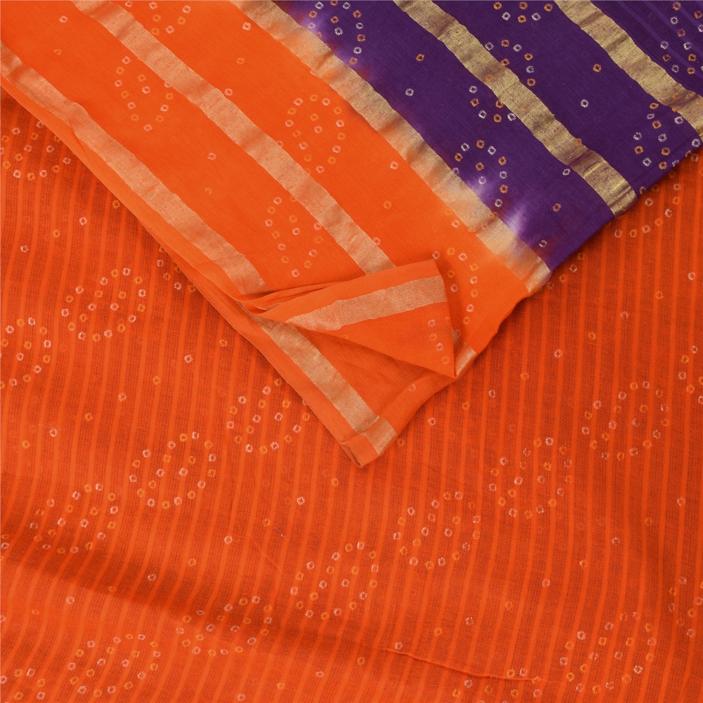 Sanskriti Vintage Sarees Purple/Orange Bandhani Painted Pure Cotton Sari Fabric