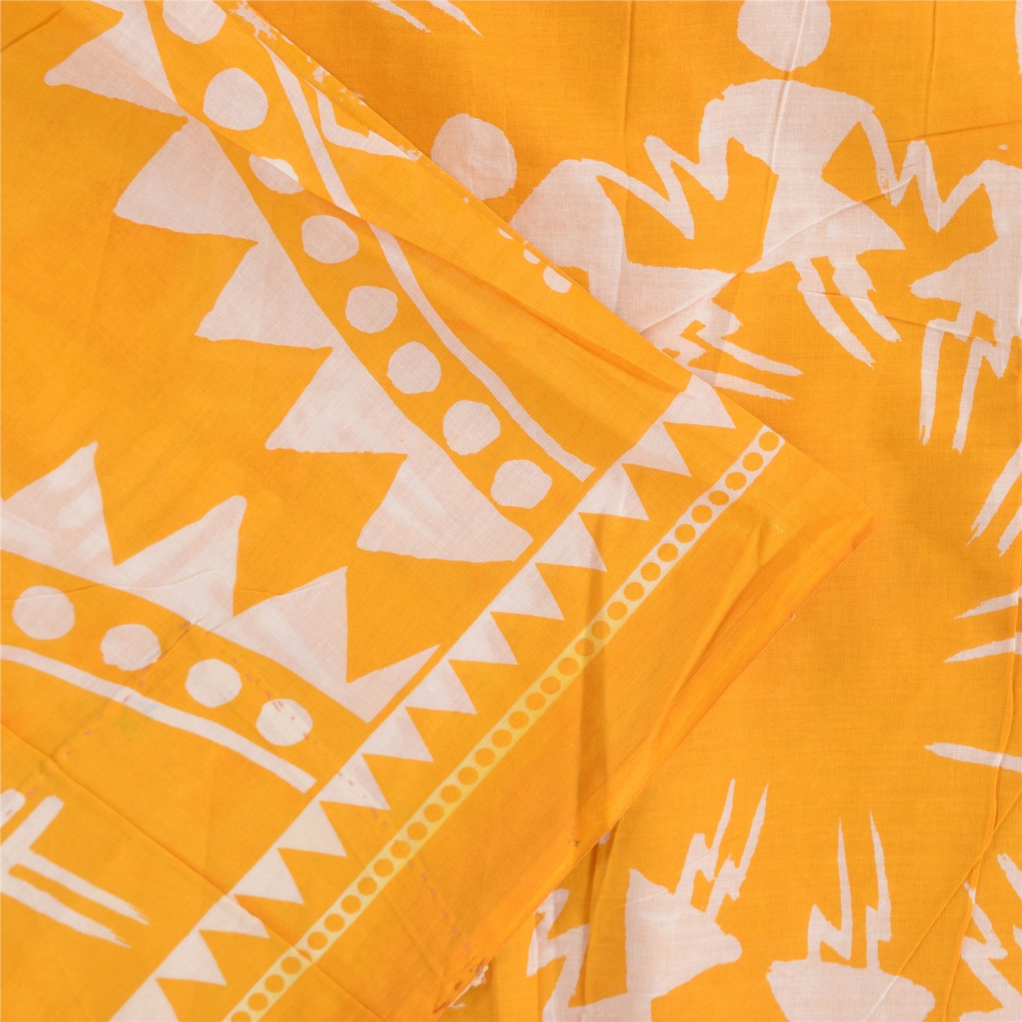 Sanskriti Vintage Sarees Yellow Warli Art Pure Cotton Printed Sari 5+yd Fabric