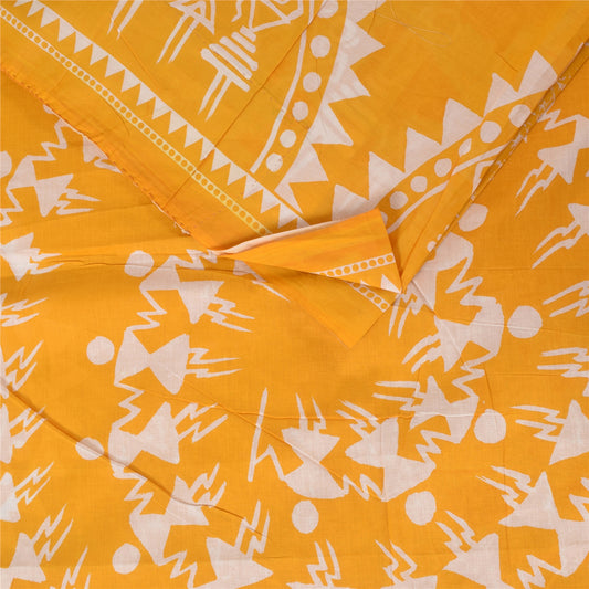 Sanskriti Vintage Sarees Yellow Warli Art Pure Cotton Printed Sari 5+yd Fabric