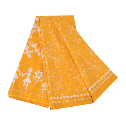 Sanskriti Vintage Sarees Yellow Warli Art Pure Cotton Printed Sari 5+yd Fabric