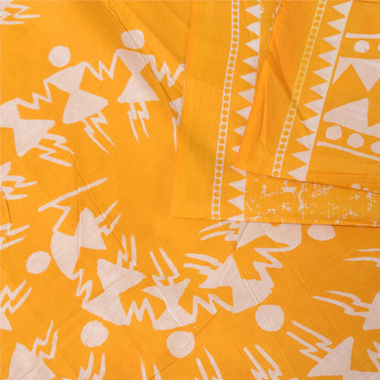 Sanskriti Vintage Sarees Yellow Warli Art Pure Cotton Printed Sari 5+yd Fabric