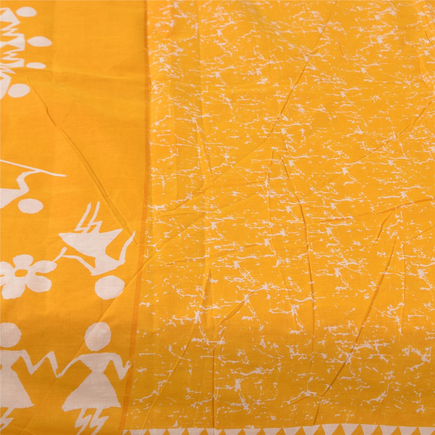 Sanskriti Vintage Sarees Yellow Warli Art Pure Cotton Printed Sari 5+yd Fabric