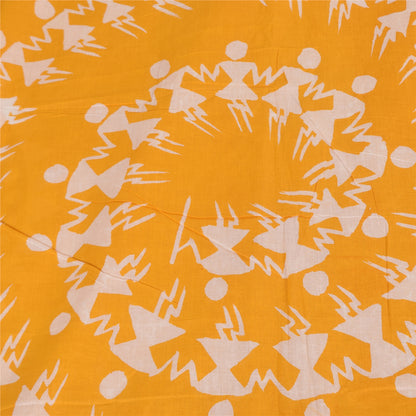 Sanskriti Vintage Sarees Yellow Warli Art Pure Cotton Printed Sari 5+yd Fabric