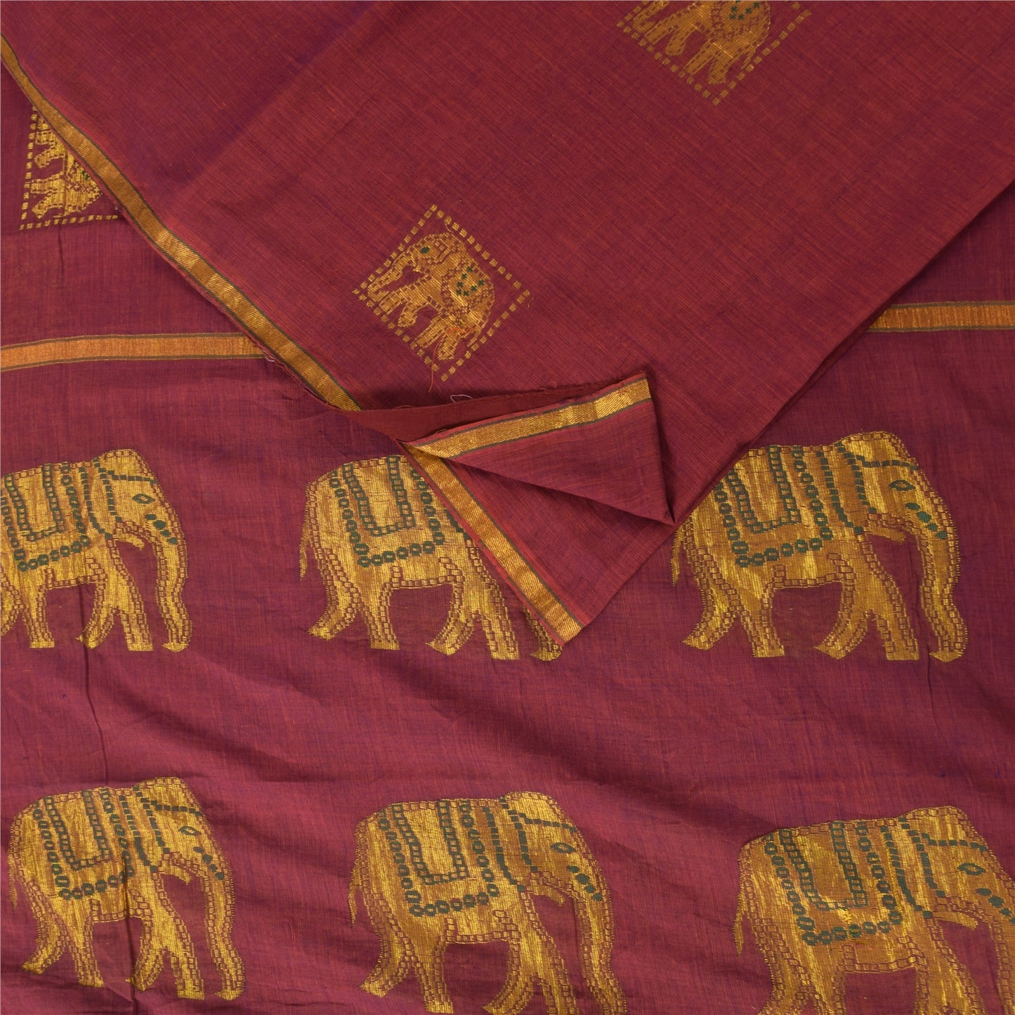 Sanskriti Vintage Sarees Red Elephant Hand Woven Pure Cotton Sari 5+yd Fabric