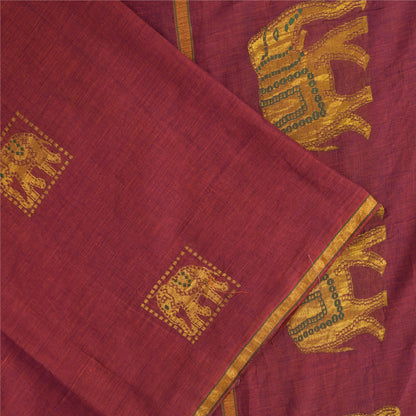 Sanskriti Vintage Sarees Red Elephant Hand Woven Pure Cotton Sari 5+yd Fabric