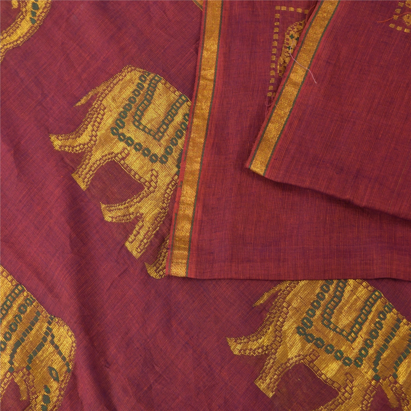 Sanskriti Vintage Sarees Red Elephant Hand Woven Pure Cotton Sari 5+yd Fabric