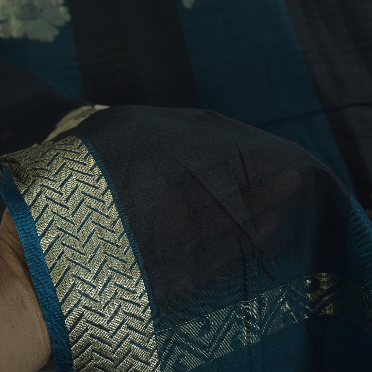 Sanskriti Vintage Sarees Blue/Black Woven Pure Cotton Sari 5+yd Craft Fabric