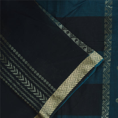 Sanskriti Vintage Sarees Blue/Black Woven Pure Cotton Sari 5+yd Craft Fabric