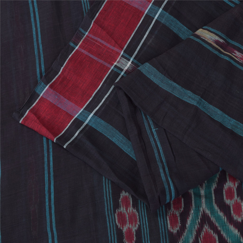 Sanskriti Vintage Sarees BlackIkat Handwoven Odisha Pure Cotton Sari 5+yd Fabric