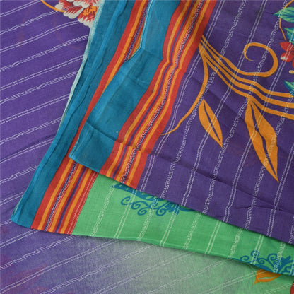 Sanskriti Vintage Sarees Green/Purple Pure Cotton Printed Sari 5+yd Craft Fabric