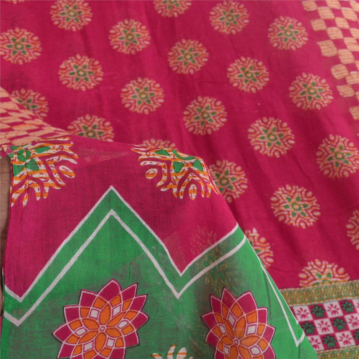 Sanskriti Vintage Sarees Hot-Pink Pure Cotton Printed Sari 5+yd Craft Fabric